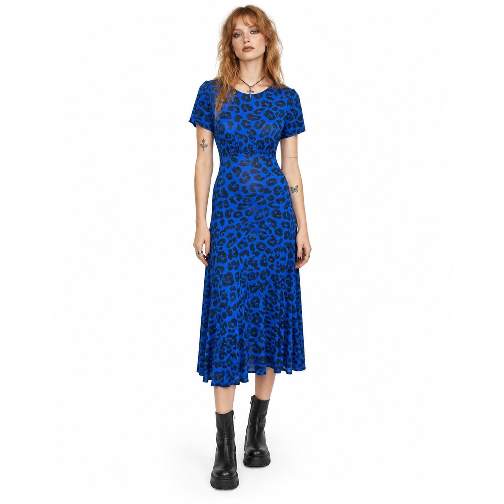 Whimsigoth Animal Leopard Long Tall Sally LTS Empire Waist Midi Dress 4 Blue Blk